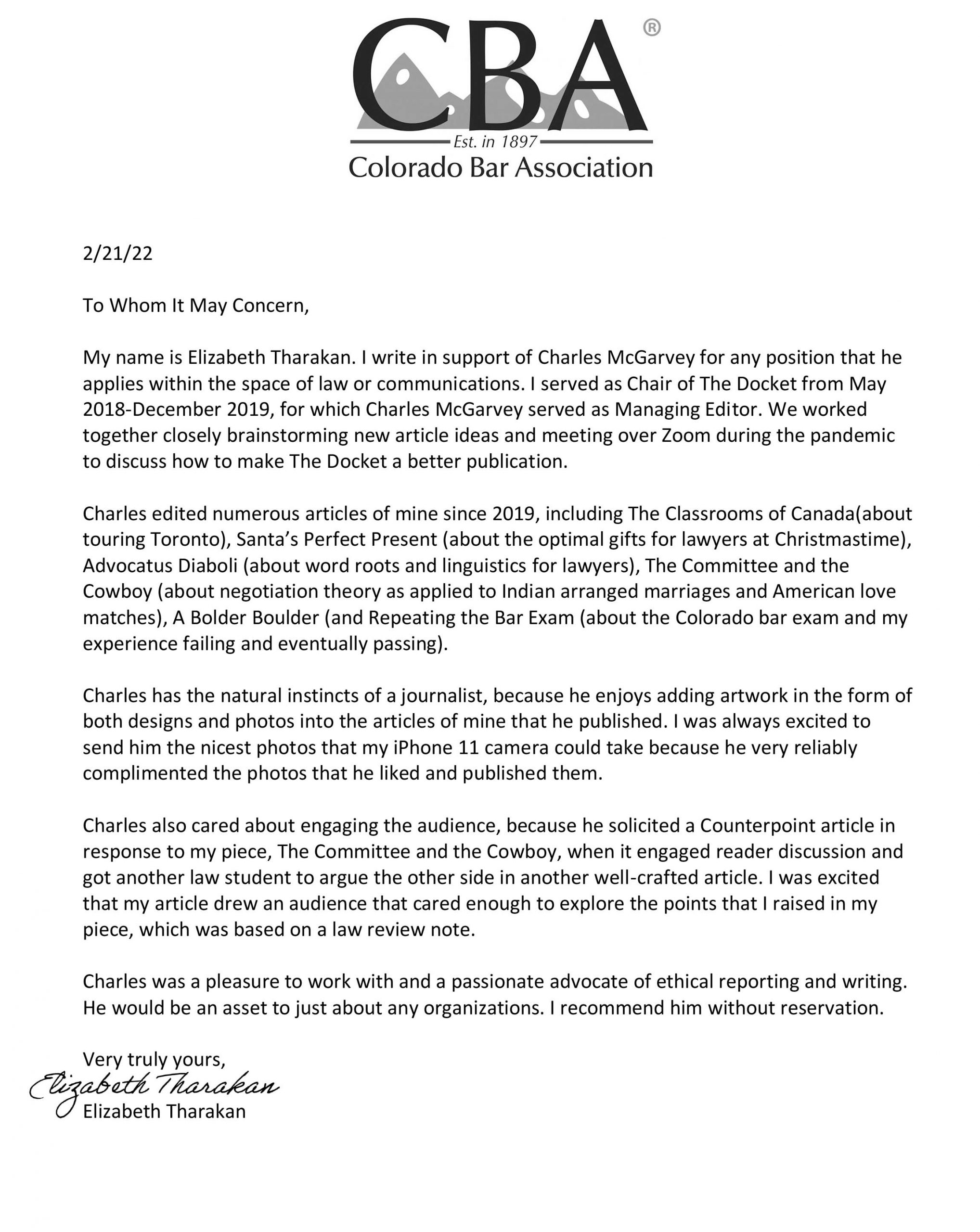 Recommendation Letter from Elizabeth Tharakan, Esq. Colorado Bar Association
